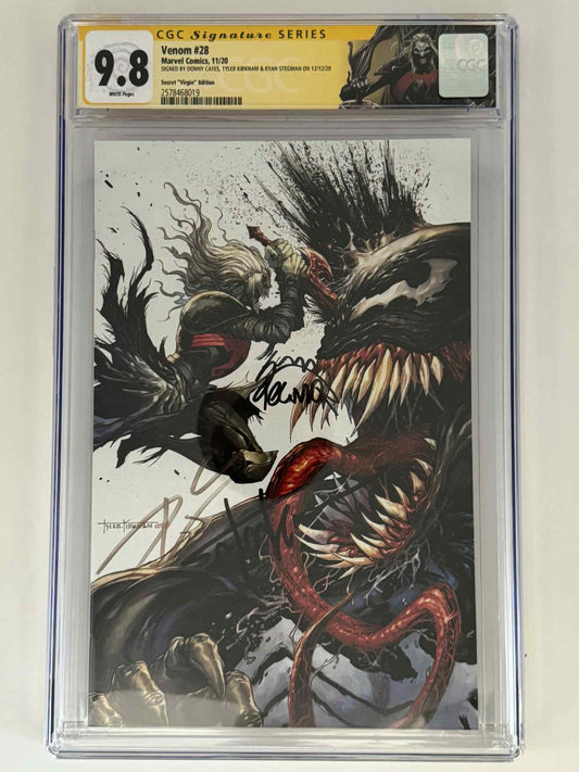 [Triple Signed by Tyler Kirkham | Donny Cates | Ryan Stegman] Venom #28 CGC 9.8 Yellow Label Tyler Kirkham Exclusive Secret Virgin Var