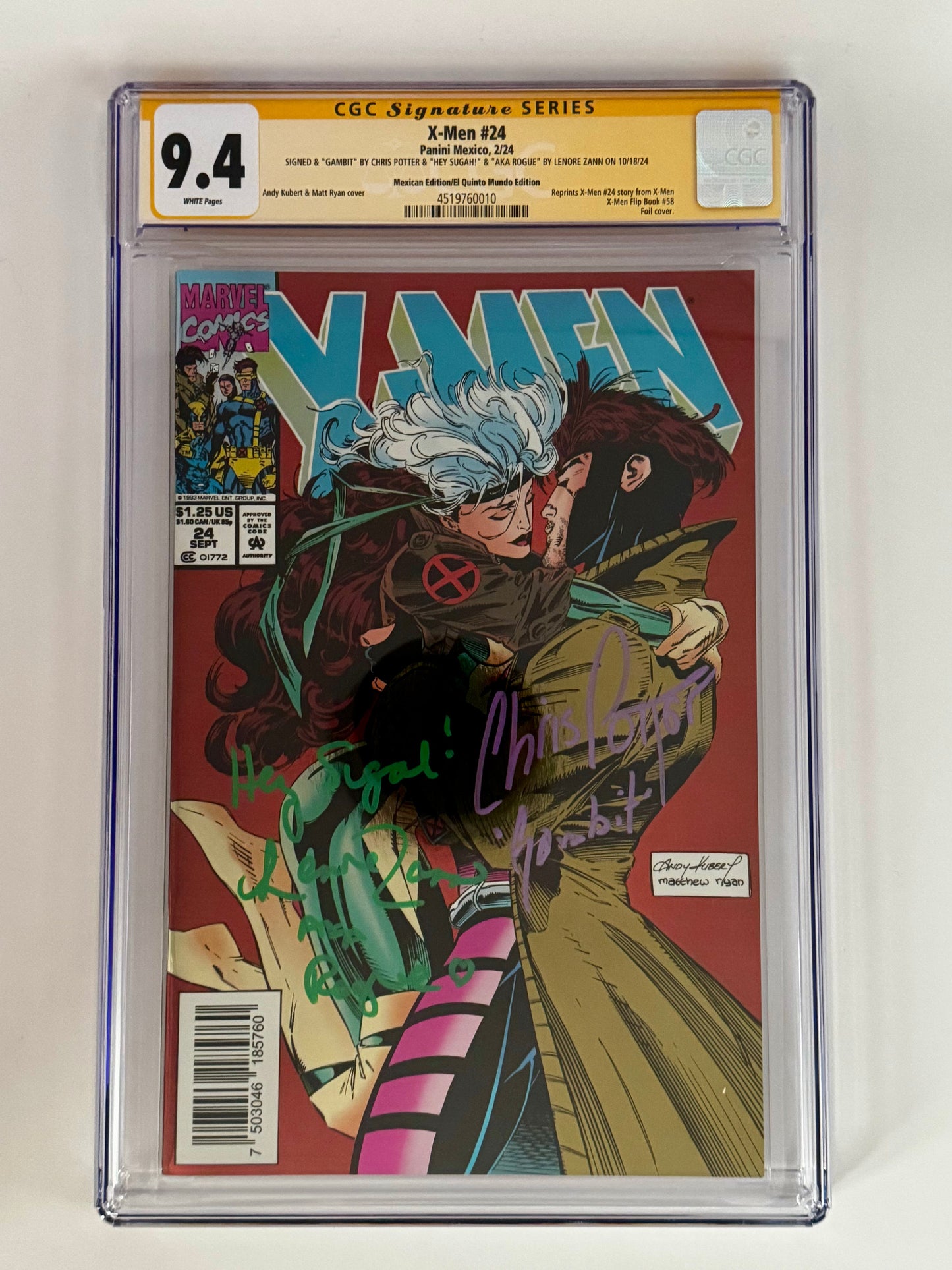X-MEN #24 MEXICO FOIL FACSIMILE DOUBLE SIGNED CHRIS POTTER & LENORE ZANN CGC 9.4 SS YL