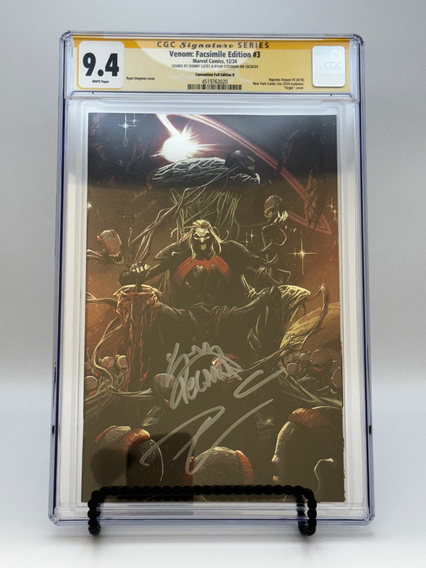 [SIGNED DONNY CATES | RYAN STEGMAN][FOIL] VENOM #3 UNKNOWN COMICS EXCLUSIVE FACSIMILE STEGMAN VIRGIN NYCC VAR [CGC 9.4 YELLOW LABEL][IN STOCK]